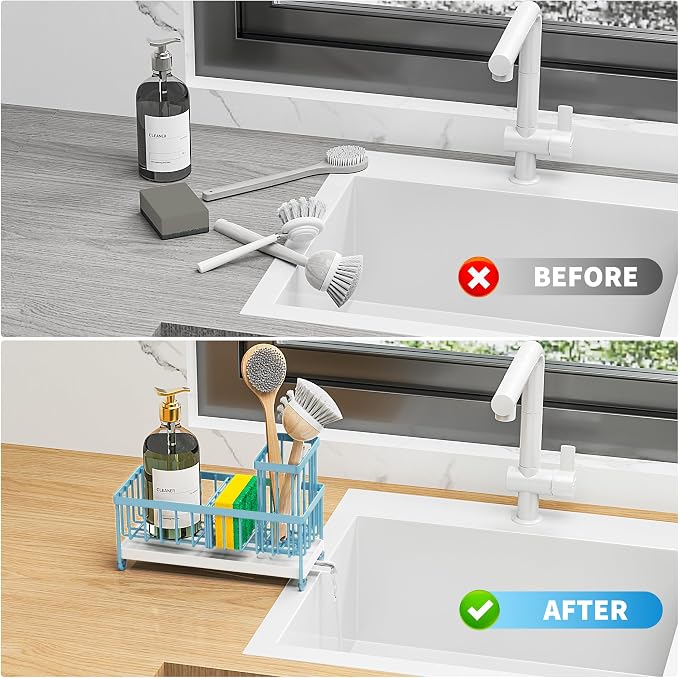 Cisily Sponge Holder for Kitchen Sink, Sink Caddy Organizer with High Brush Holder, Kitchen Countertop Organizers and Storage Essentials, Rustproof 304 Stainless Steel (Blue, 9.25″)