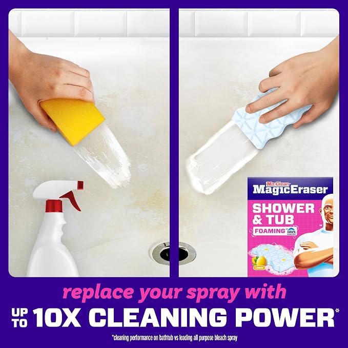Mr. Clean Magic Eraser Sponge, Bathroom, Shower, Tub Cleaner, Soap Scum Remover, Bathroom Cleaning Supplies, Dawn Cleaning Power with Lemon Scent, Shower & Tub, 8ct