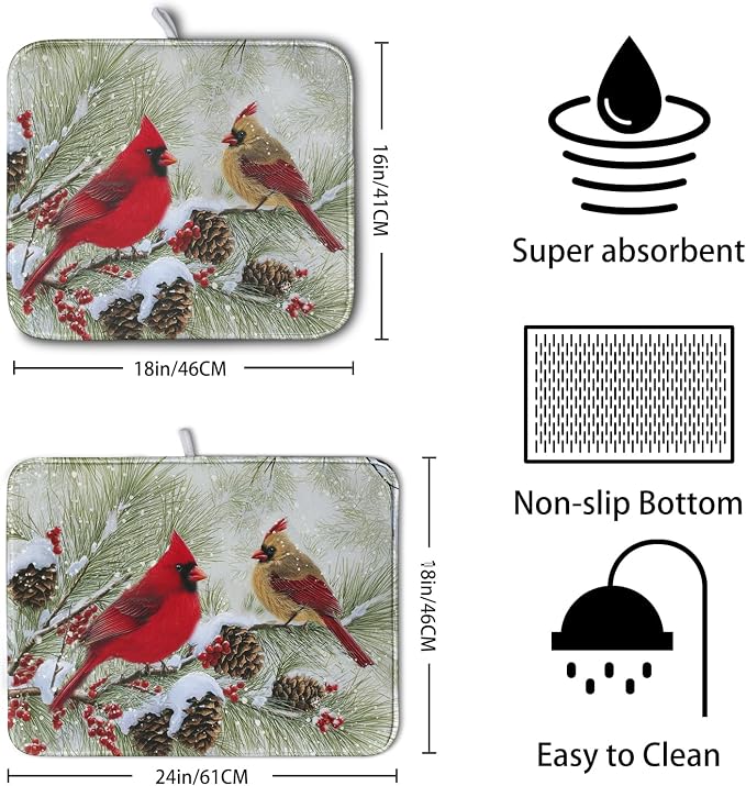 Winter Dish Drying Mat for Kitchen Counter 18x24 Inch Christmas Red Birds Drying Mats Xmas Holiday Microfiber Absorbent Dishes Drainer Mats Cardinal Dish Rack Pad