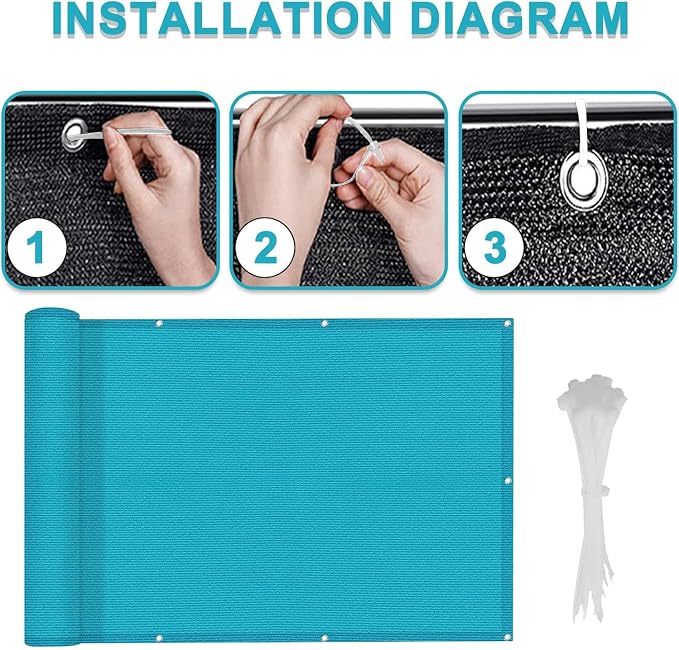 LOVE STORY 3' x 10' Balcony Privacy Screen Cover, Turquoise Blue | HDPE Fabric, 95% UV Block, Fence Cover for Patio Deck, Railing Screen for Porch, Privacy Protective, Custom Size Available