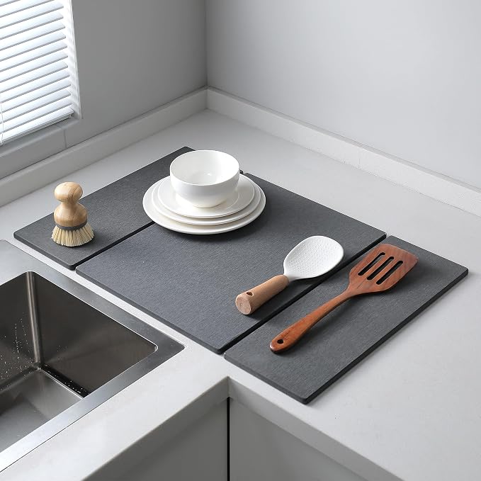 Foldable Stone Dish Drying Mat for Kitchen Counter, Diatomaceous Earth Drying Mat with Non-Slip Backing, Heat Resistant Multifunctional Mat for Kitchen & Bathroom, Instant water absorption-(24"×16")