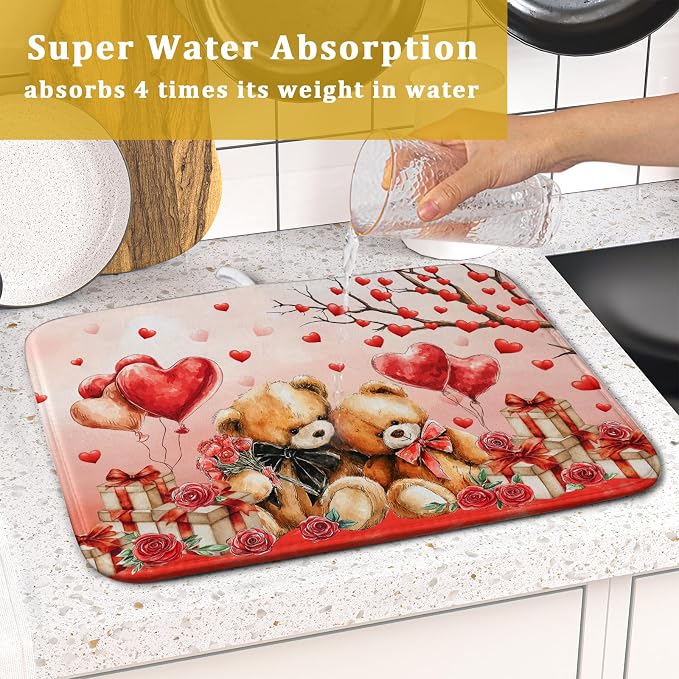 Valentines Day Dish Drying Mat Bear Lover Absorbent Kitchen Drying Mats for Countertops 18 X 16