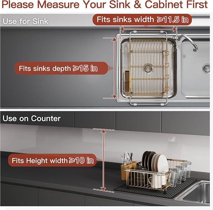 JASIWAY Gold Dish Drying Rack in Sink with Mat, Expandable Stainless Steel Dish Drainers for Kitchen Counter, Space Saving Dish Dryer for Inside Sink, Over Sink Dish Racks with Utensil Holder
