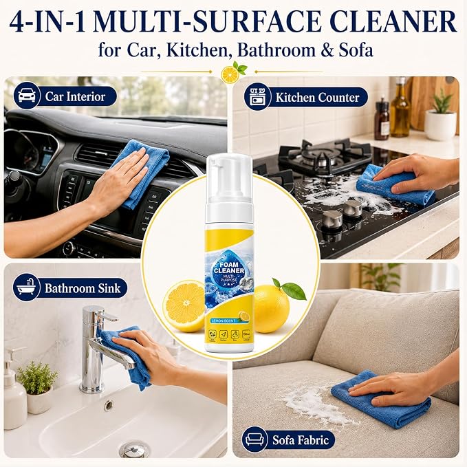 4-in-1 Foam Cleaner, All-Purpose Deep Cleaning Spray | Foam Cleaner All Purpose for Car Interior, Kitchen, Bathroom, Sofa, Removes Grease & Stains (3Pcs)