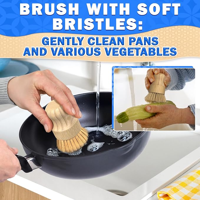 5 Pcs Bamboo Dish Brush Set, Non-Scratch Bristles, Replacement Head | Bamboo Dish Scrubber for Pots, Bottles & Vegetables; Soft for Delicate, Stiff for Stuck-On Messes; Bottle Brush Included