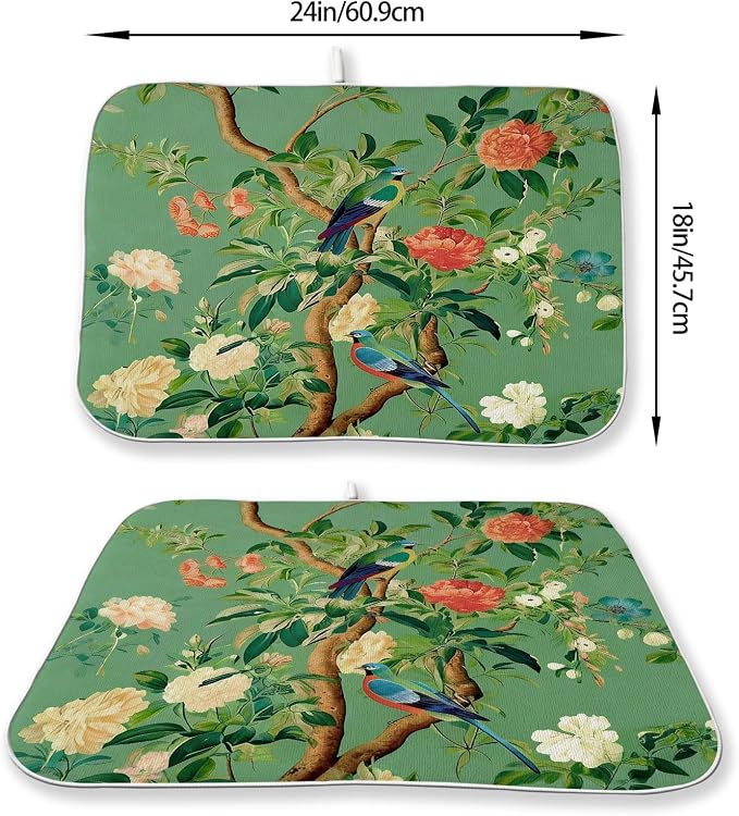 Chinoiserie Dish Drying Mat 18 x 24 Inch Vintage Green Bird Floral Drying Mat for Kitchen Counter Absorbent Spring Summer Green Dishes Dry Pad for Drainer Rack Kitchen Fast Dry