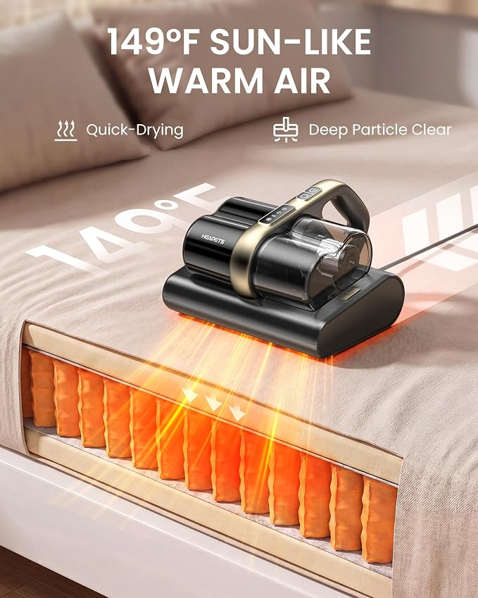 HEAPETS Mattress Vacuum Cleaner, 16Kpa Bed Vacuum with 275nm UV-C Light & 149℉ Heat & Ultrasonic, Dual High-Speed Roller Brushes & H13 HEPA Filter for Pet Hair, Bed, Sofa, Couch, Corded Black