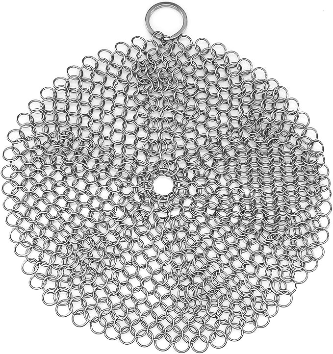 TOPULORS 316L Stainless Steel Cast Iron Scrubber Chaimmail Link 7 in Round | Suitable For Skillets, Griddles, Grills, Pans, And Other Cookware, Remove Stuck-On Food Without Stripping Seasoning