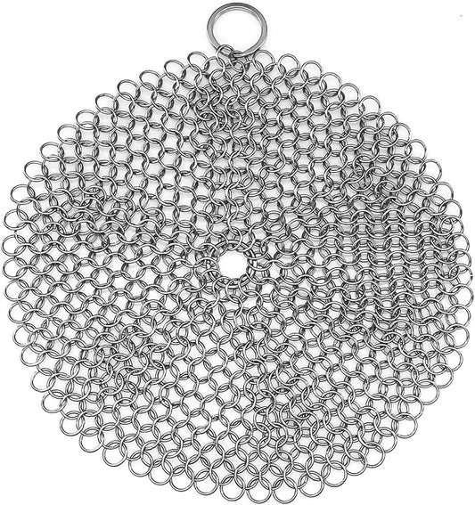 TOPULORS 316L Stainless Steel Cast Iron Scrubber Chaimmail Link 7 in Round | Suitable For Skillets, Griddles, Grills, Pans, And Other Cookware, Remove Stuck-On Food Without Stripping Seasoning