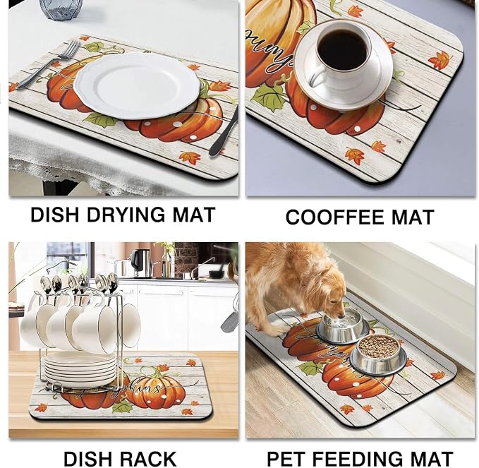 Fall Dish Drying Mat 2-Pack Happy Fall Y'all for Kitchen Counter Dishes | Diatom Mud Mats (18x24, 19.5x12"). Non-slip rubber back for kitchen counter, coffee bar & sink scenes