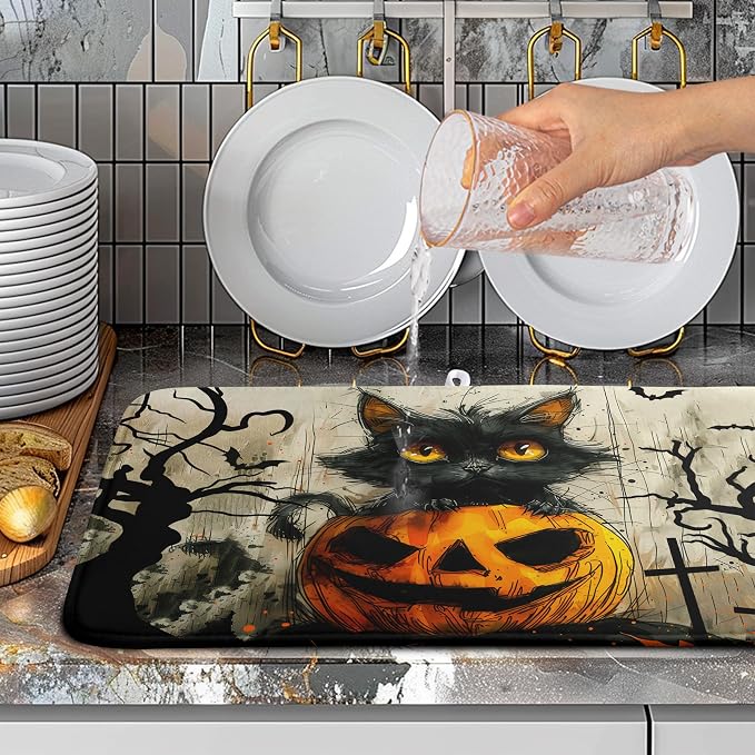 Black Cat Fall Pumpkin Dish Drying Mat 18x24 - Super Absorbent Drying Pads for Kitchen Counter - Happy Halloween Bat Branch Large Microfiber Dishes Drying Mats