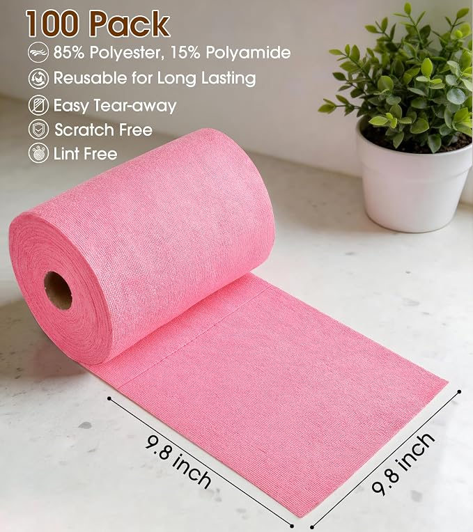 KitchLife Microfiber Cleaning Cloth Roll, 100 Pack - Tear-Away Microfiber Paper Towels, Lint-Free, Reusable, Washable for Kitchen, Car, Dishes, and Sensitive Surfaces (Pink)