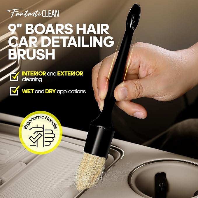 Fantasticlean Car Interior Detailing Kit, Leather Cleaner Brush Set, 9PCS | Car Interior Brush Kit, Horse Hair Leather Brush for Car Detailing, Scratch-Free Leather Cleaner Applicator, Cleaning Cloth