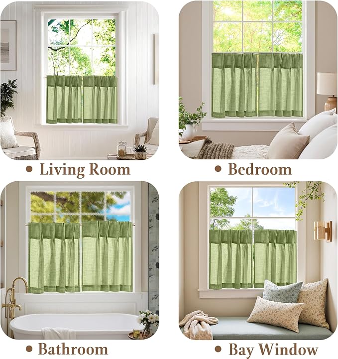 jinchan Linen Pinch Pleated Back Tab Tier Curtains, 26x24, 2 Panels, Green | Light filtering,small window treatment,cafe curtains,machine washable,farmhouse,kitchen,bathrooms,laundry