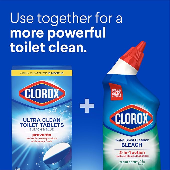 Clorox Ultra Clean Toilet Tablets Bleach & Blue, Rain Clean Scent, 2.47 Ounces Each, 4 Count (Package May Vary)