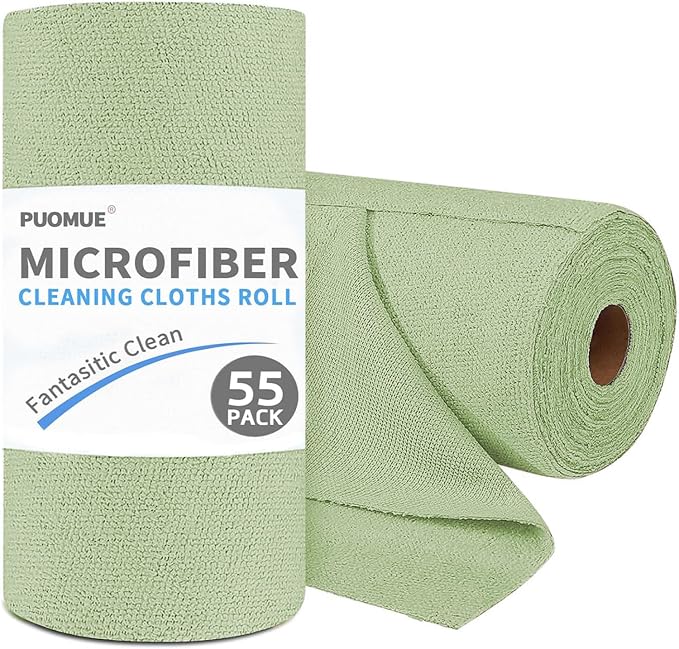 Puomue 55 Pack Microfiber Cleaning Cloth Roll, Tear Away Reusable Towels, 11" X 9", Ultra Absorbent & Lint Free Microfiber Cloth for Cleaning, Kitchen, Window (Olive Green, 11" L x 9" W)