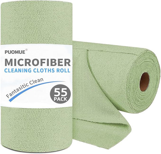 Puomue 55 Pack Microfiber Cleaning Cloth Roll, Tear Away Reusable Towels, 11" X 9", Ultra Absorbent & Lint Free Microfiber Cloth for Cleaning, Kitchen, Window (Olive Green, 11" L x 9" W)
