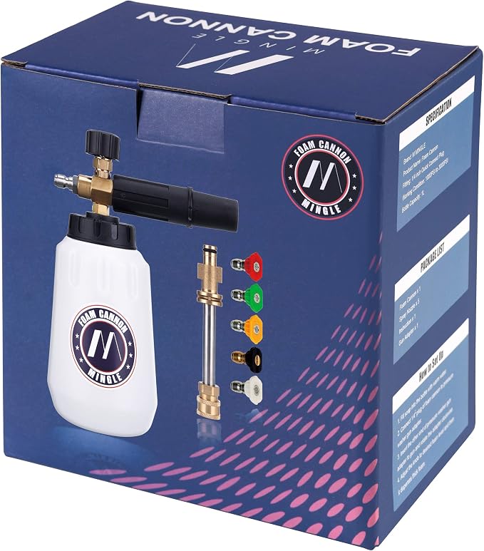 M MINGLE Foam Cannon, Compatible with Sun Joe SPX Series, 5 Nozzle Tips | 1L Adjustable Thick Foam Bottle, with 1/4’’ QC Connector, Cleans Cars, Motorcycles, Driveways and Windows, 3000 PSI