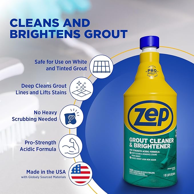 Zep Grout Cleaner and Brightener - 32 Ounce (1 Bottle) - ZU104632 - Deep Cleaning Formula Removes Old Stains From Grout