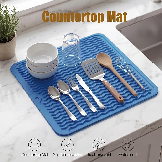 MicoYang Silicone Dish Drying Mat for Multiple Usage,Easy clean,Eco-friendly,Heat-resistant Silicone Mat for Kitchen Counter or Sink,Refrigerator or Drawer liner Lichen BlueL M 12 inches x 12 inches