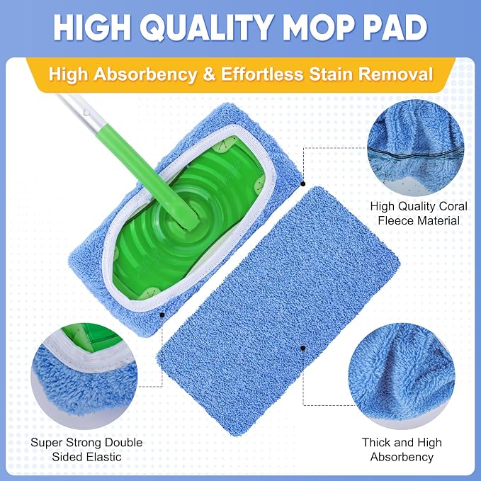 6-Pack Reusable Mop Pads Compatible with Sweeper Mop - 100% Coral Fleece Washable Refills - Microfiber Dry & Wet Sweeping Cloths for Multi-Surface/Hardwood Floor Cleaning- Blue