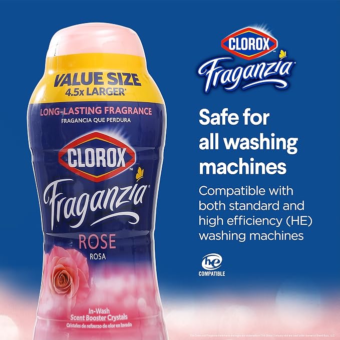Clorox Fraganzia Laundry Scent Booster Crystals, In-Wash Fragrance Beads for Fresh-Smelling Clothes & Linens, Safe for All Fabrics & Colors, Easy-Pour Bottle, Rose Scent, 70 Oz