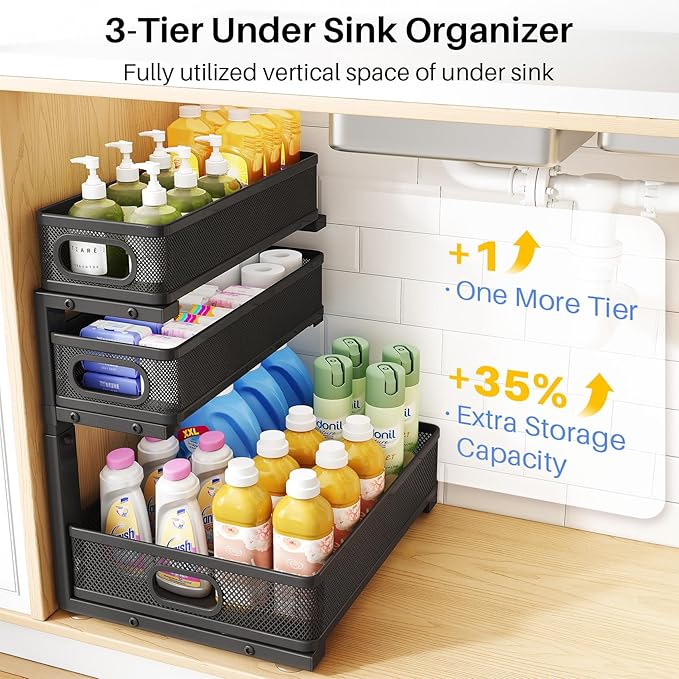 Under Sink Organizer, 3-Tier Thickened Metal Pull out Cabinet Organizer Shelf, Height Adjustable Slide out Storage Drawer Rack for Kitchen Bathroom Pantry Laundry Home Organization, 2-Pack, Black | 35% More Storage Capacity, Carbon Steel, Hold Up 55lbs...