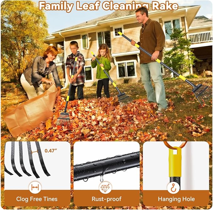 Rake for Leaves, Leaf Garden Rake, Yard Rakes for Lawns Heavy Duty, Metal Tools with 9" Small Narrow Head, 37”-79” Adjustable Long Handle, 11 Steel Tines, Quick Clean up Tool for Shrub, Camping
