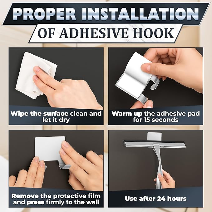 Shower Door Squeegee with Hook, 12" Silicone Blade, Steel (Silver) | Squeegee for Shower Glass with Adhesive Mount; All-Purpose Bathroom Tile, Mirror, & Window Wiper for Streak-Free Cleaning