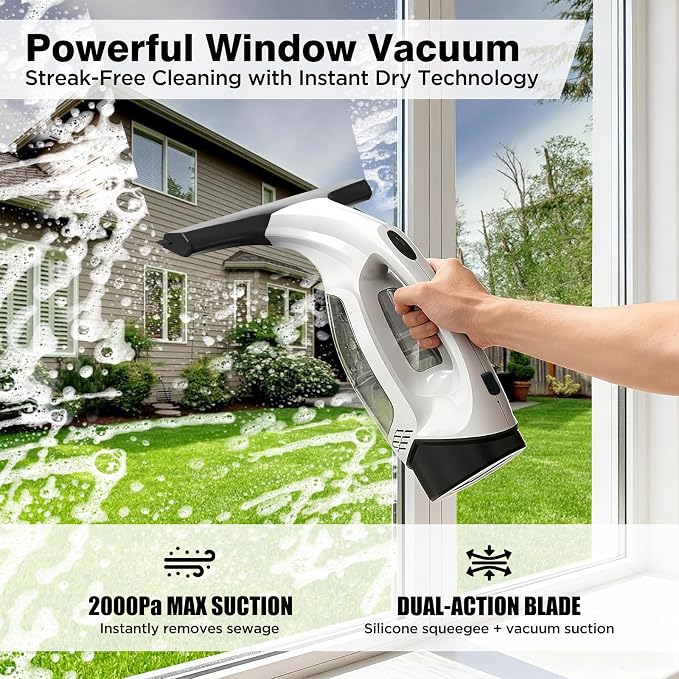 Window Vacuum Squeegee Cordless, 2000Pa Electric Window Cleaner Tool with 2200mAh & 150ml Water Collection Tank, Window Cleaning Kit Shower Squeegee for Glass Doors, Mirrors, Car Windows(White)