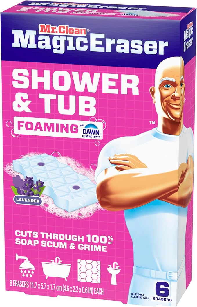 Mr. Clean Magic Eraser Sponge, Bathroom, Shower, Tub Cleaner, Soap Scum Remover, Bathroom Cleaning Supplies, Dawn Cleaning Power with Lavender Scent, Shower & Tub, 6ct