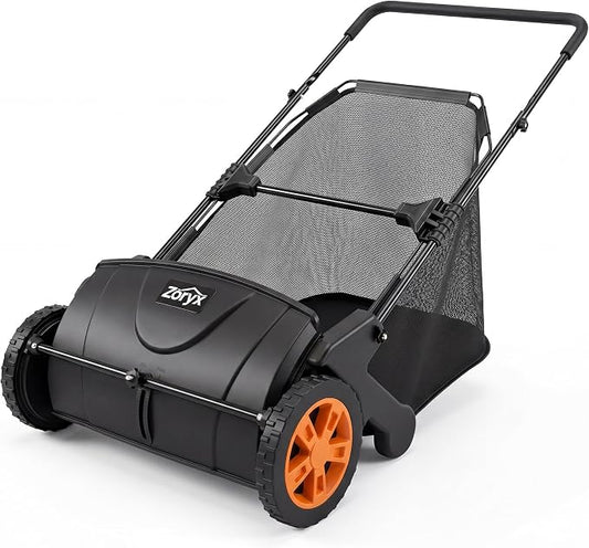 Zoryx 21-Inch Push Lawn Sweeper, Manual Leaf Sweeper for Yard & Lawn Debris, 3.5 cu.ft. Collector Bag, Artificial Turf Cleaner with Adjustable Height, Easy Assembly & Foldable Storage