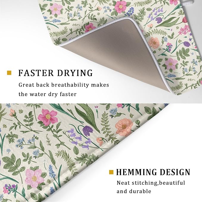Spring Floral Dish Drying Mat for Kitchen Counter 18x24 Pink Sage Green Flower Vintage Botanical Print Absorbent Reversible Microfiber Drying Mats Kitchen Countertop Protector Dishes Drainer Rack Pad