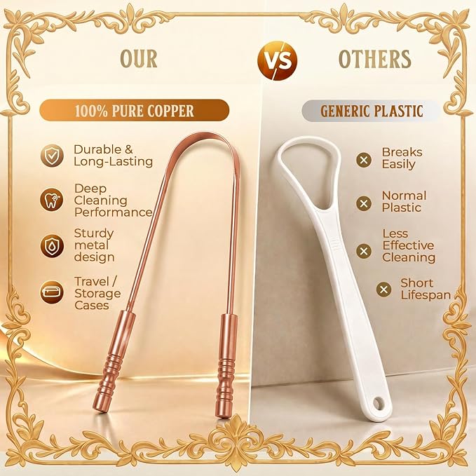 MasterMedi Tongue Scraper with Case Easy to Use Tongue Scraper for Adults, Tongue Cleaner for Oral Care & Hygiene Copper Set of 2 (with Travel Case)