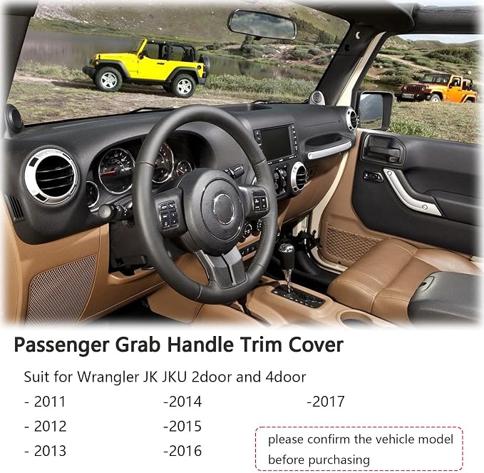 Copilot Grab Bar Trim Cover for 2011-2017 Jeep Wrangler JK JKU with Screw | Fits 11-17 Wrangler JK JKU, Passenger Seat Grab Handle Cover, Silver, ABS Trim With No Drilling Installation