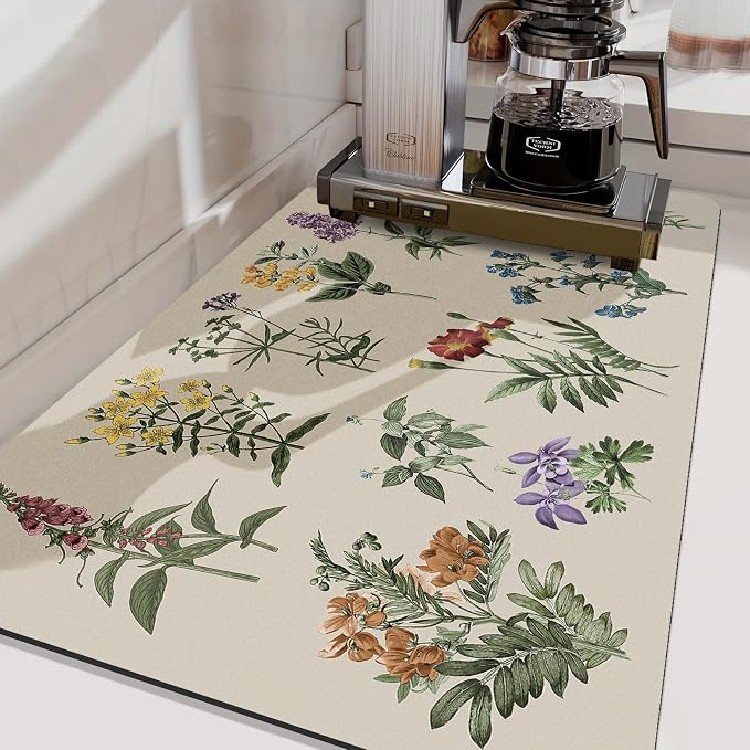 LOKHOM Dish Drying Mat for Kitchen Counter, 17"x32" Absorbent Coffee Bar Mat with Vintage Sage Flower Herbs, Dish Drainer Rack Mats for Kitchen Counter Coffee Maker Pot Dining Room Decoration