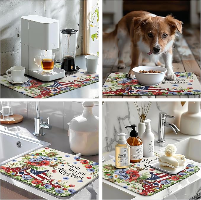 4th of July Drying Mat for Kitchen Counter Patriotic Floral Cross Stars Dish Drying Pad Independence Day Absorbent Microfiber Washable Dish Draining Mat Extra Large 16"x18"