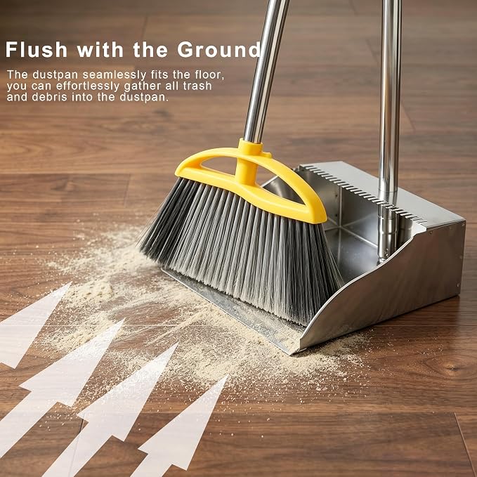 Broom and Dustpan Set, Outdoor Heavy Duty Broom with Stainless Steel Dustpan,Stiff Bristles Broom and Metal Dust Pan for Home