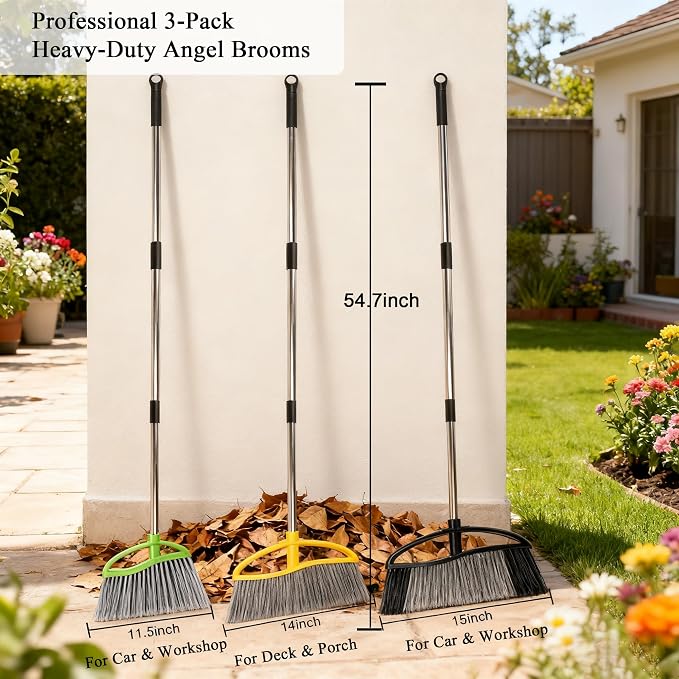 3 Pack Wide Heavy Duty Angle Broom - Stiff Bristle Outdoor Brooms for Sweeping Patio, Garden, Garage, Yard (Black, Yellow, Green)