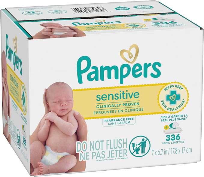 Pampers Sensitive Baby Wipes, Clinically Proven, Fragrance Free, Unscented, Water Based, Hypoallergenic, Multi-Use, Hand Wipes 336 Wipes Total (6X Flip-Top Packs) [Packaging May Vary]