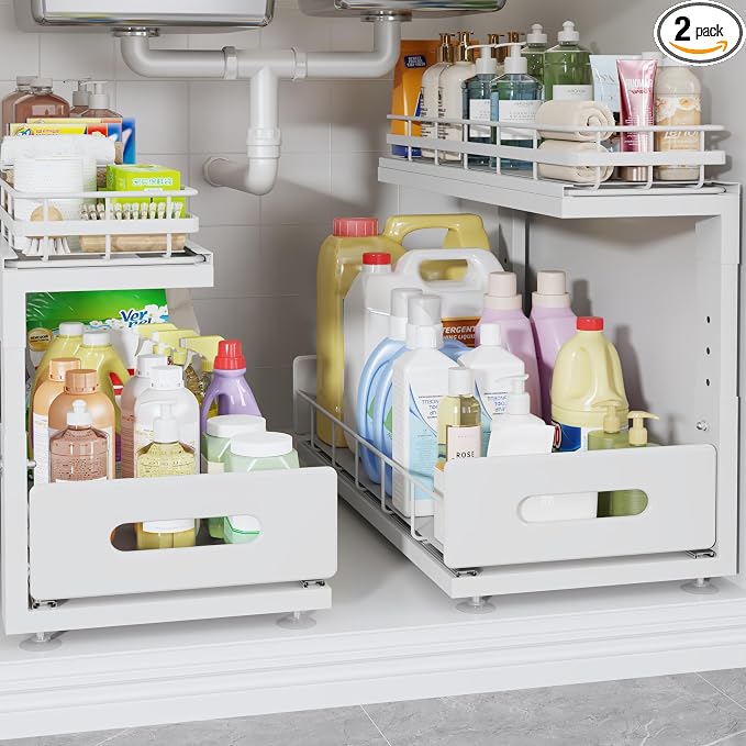 Under Sink Organizer Upgrade To Professional Rails,2-Tier Dual Pull Out Cabinet Storage,Height Adjustable Slide Out Drawers For Bathroom Kitchen,2 Pack-18.5"Dx12.8"-16.9"H,White