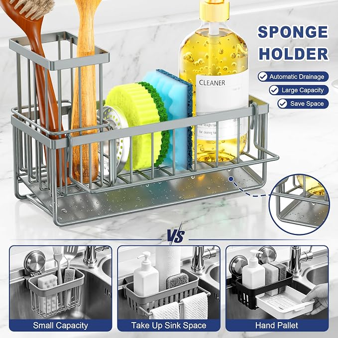 Sponge Holder for Kitchen Sink, Kitchen Sink Caddy, Kitchen Sink Sponge Holder, Dish Sponge Holder, Kitchen Sink Organizer for Sponge, Dish Brush, Scrubber(9.65" x 3.74" x 6.3", Gray)