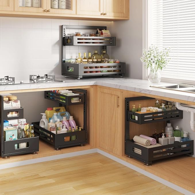 2 Pack 17IN-Depth Under Sink Organizer,Pull Out Cabinet Organizer With Smooth Cylindrical Rail,Metal Slide Out Drawer for Kitchen Bathroom Laundry,8-Level Tool Free Height Adjustable-Black