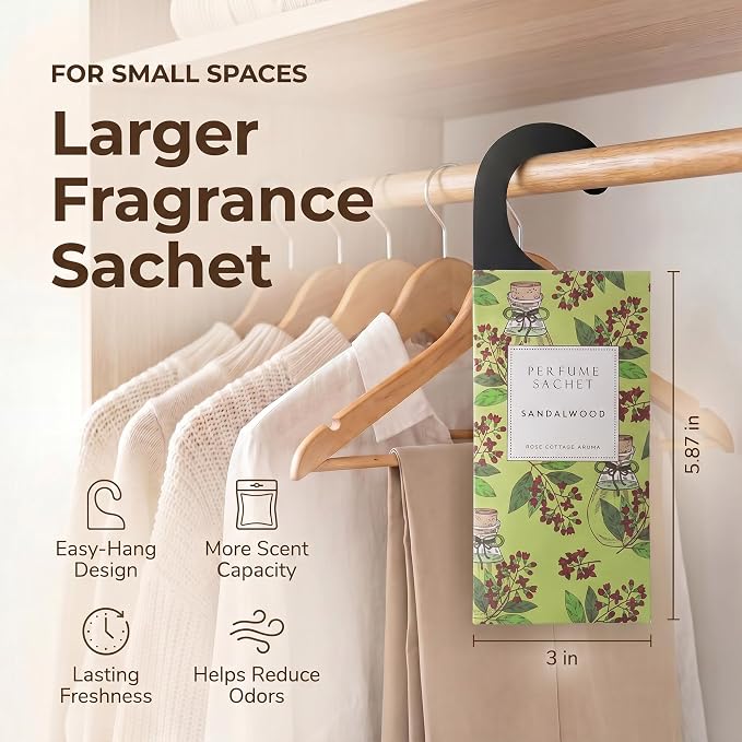 Large 12 Packs Sandalwood Hanging Scented Sachets Long-Lasting Closet Deodorizer Air Freshener Fabric Refresher Odor Eliminator for Drawer Home Fragrance Gift Set