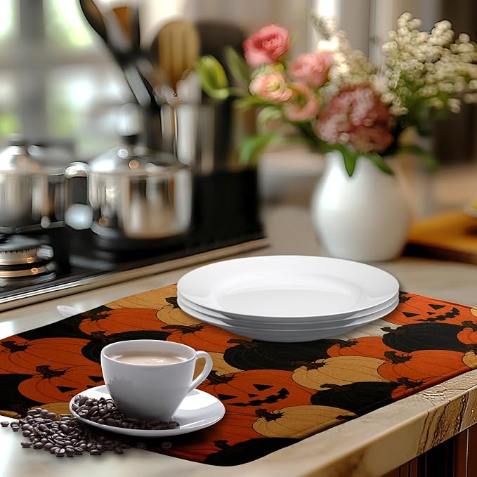 Halloween Spooky Pumpkin Dish Drying Mats Cute Ghost Dish Mat Fall Drying Matt Dishes Dryer Pad for Kitchen Counter Absorbent Microfiber Washable Foldable Reusable 18x24 in