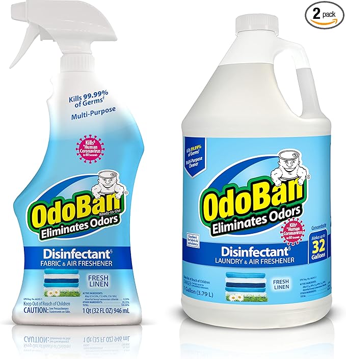 OdoBan Ready-to-Use Disinfectant and Odor Eliminator, Made in the USA, Fresh Linen Scent, Set of 2, 32 oz Spray and 1 Gallon Concentrate