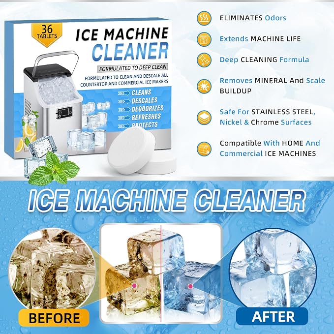 Bellisinno Ice Machine Cleaner Tablets, 36 Pack Countertop Ice Maker Cleaner, Nickel Safe Scale Remover for Countertop, Helps Remove Hard Water and Mineral Buildup