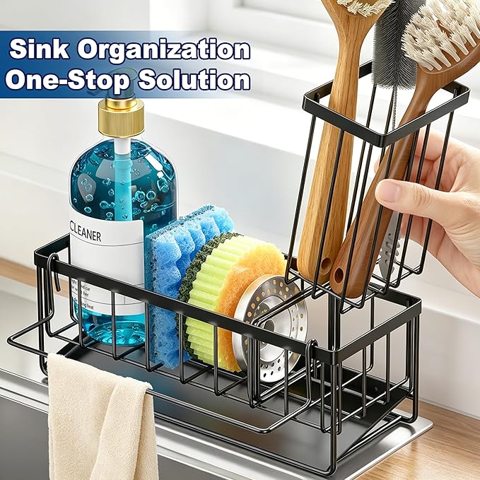 Sponge Holder for Kitchen Sink, Kitchen Sink Caddy, Kitchen Sink Sponge Holder, Dish Sponge Holder, Kitchen Sink Organizer for Sponge, Dish Brush, Scrubber(9.65" x 3.74" x 6.3", Black)