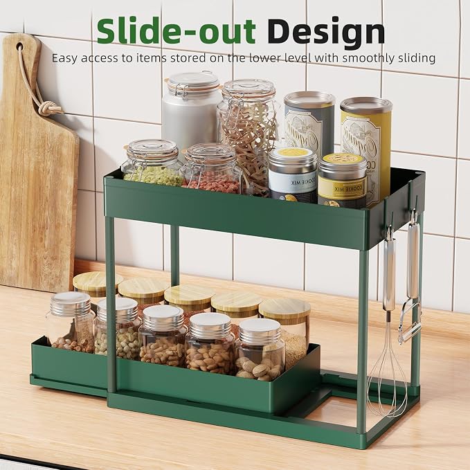 Simple Trending Under Sink Organizer 2 Pack, Sink Pull-Out Sliding Storage Cabinet, 2-Tier Under Shelf Organizer for Kitchen Bathroom, Green