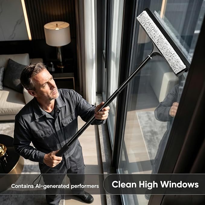 Telescopic 2-in-1 Window Squeegee with Scrubbing Pad | Works on shower glass, tile walls, floors, mirrors & windows; long extendable handle cleans high areas, easy storage
